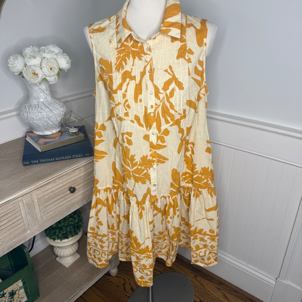 Maye Orange Tropical Floral Cotton Sleeveless Pintuck Tiered Shirt Dress XL